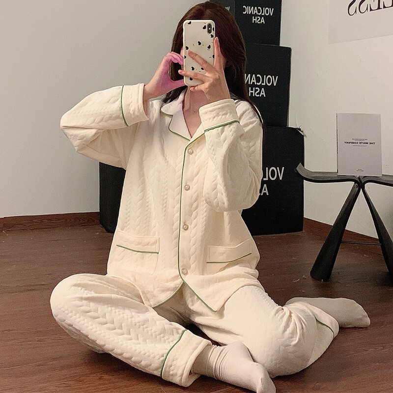秋と冬の女性用パジャマ、暖かく厚みのある中間層エアコットン長袖ズボン、人形の襟、純綿の甘いホームウェアセット|undefined
