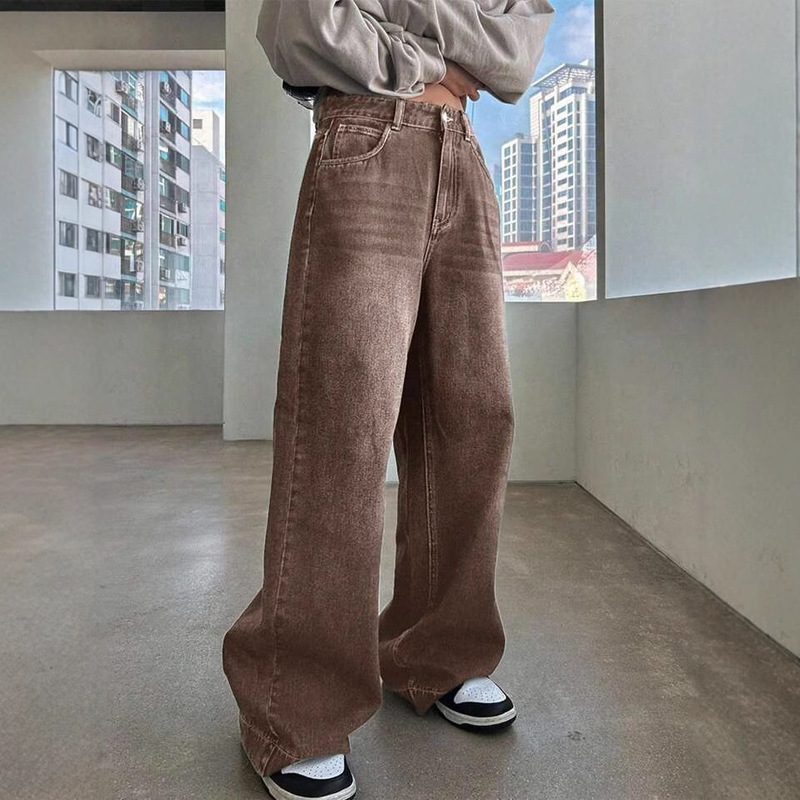 High-Waisted Straight-Leg Coffee-Colored Washed Jeans for Women, Vintage Loose American-Style Gradient Brown Long Pants, Vibe Wide-Leg Pants
