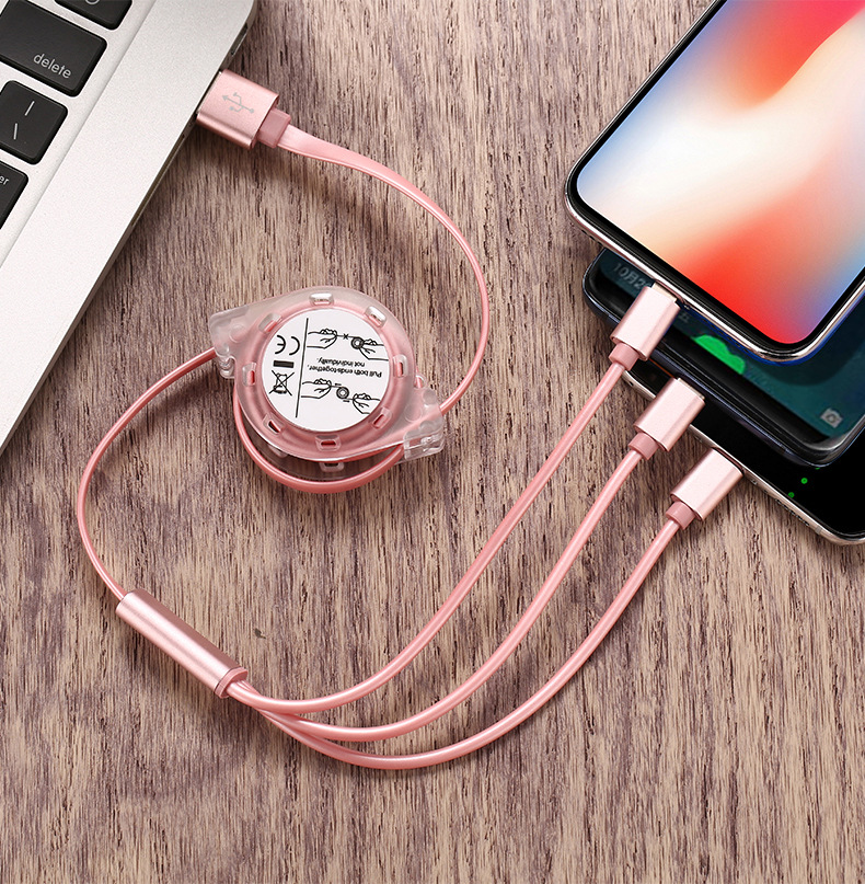 Stokta bir-üç kristal geri çekilebilir veri kablosu üçü bir arada şarj kablosu hızlı şarj USB özel logo hediye