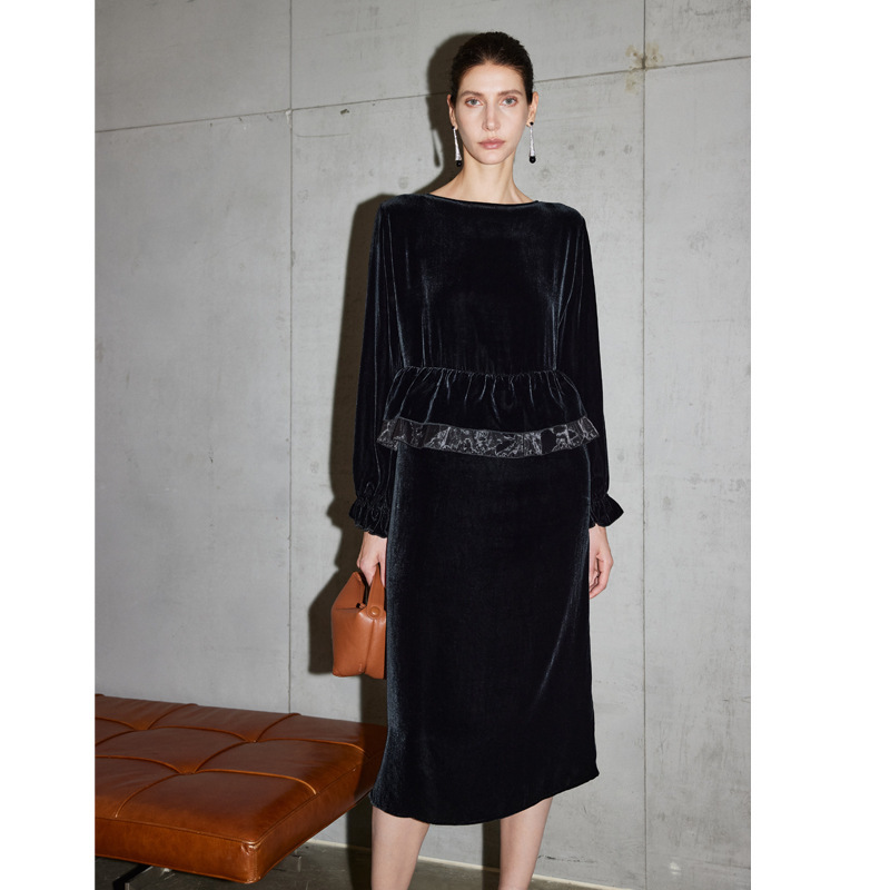 Silk Velvet Dress for Women 2026 Autumn and Winter New Style Long-Sleeved Inner Wear and Outer Wear Spliced ​​Extended Mulberry Silk Skirt