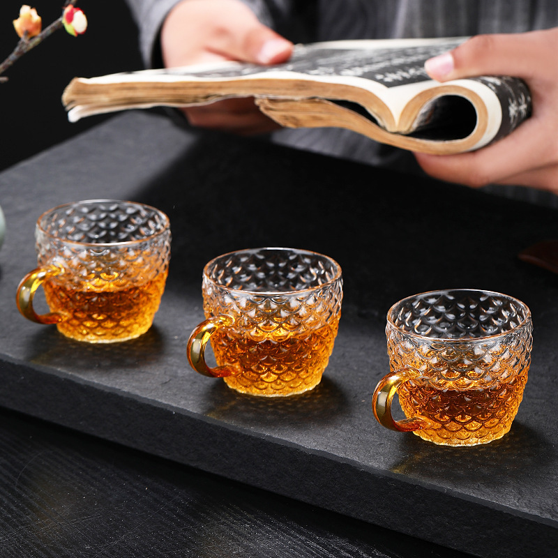 小茶杯耐热玻璃日式锤纹品茗杯家用带把水杯品茶杯厂家批发玻璃杯