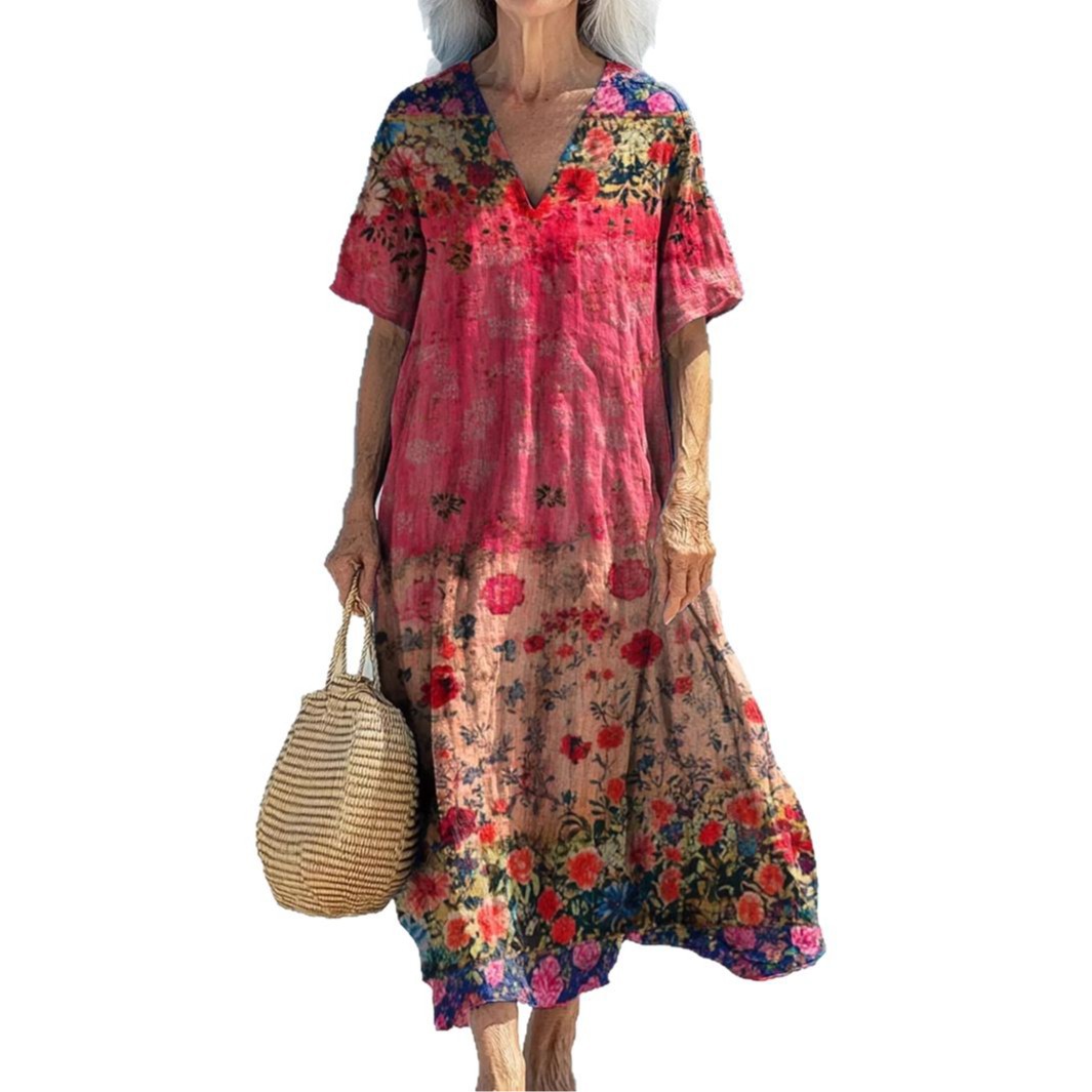 Creative Floral Women's Summer V-Neck Short Sleeve Dress, Mid-Length Dress_ecoleips.com