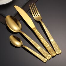 跨境不锈钢图腾花纹刀叉勺子四件套酒店高档轻奢餐具套装镜面抛光