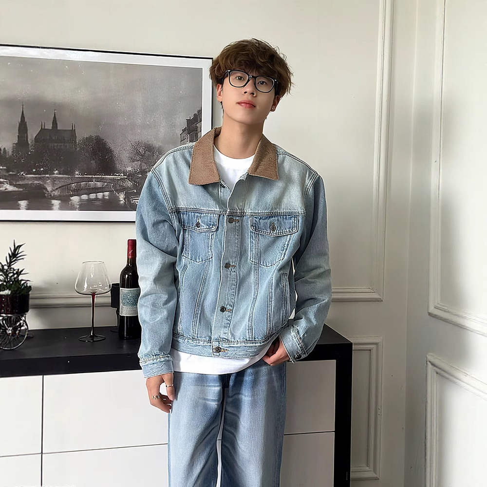 Washed Blue Distressed Contrast Denim Jacket Men's Autum High-End Handsome Lapel Jacket Right Shoulder Work Top