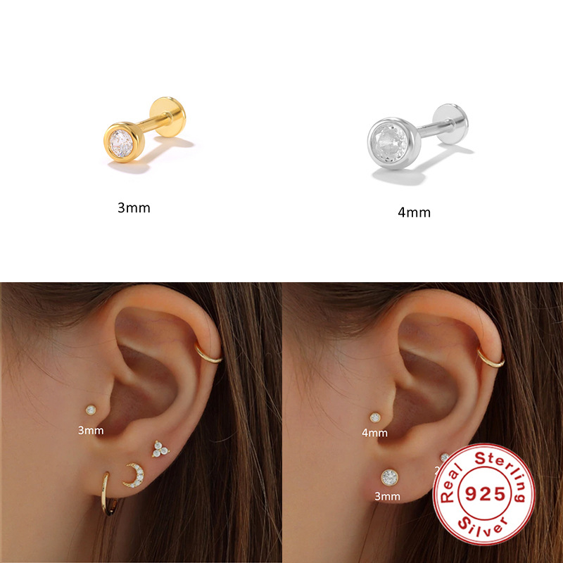 Nueva moda europea y americana ins simple bola diamante s925 plata esterlina 16G cabeza plana hilo piercing cartílago