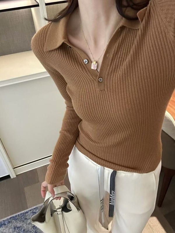 内搭单穿都好看！原纱羊毛坑条polo领针织衫打底衫女早秋603064|undefined