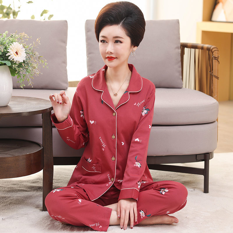 Pijamas de mujer de mediana edad 100% algodón Pijamas de mujer de verano de manga larga de mediana edad y madres ancianas usan traje Delgado