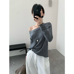 THINK十三行条纹撞色一字斜肩长袖T恤女25秋修身显瘦上衣（配腰带