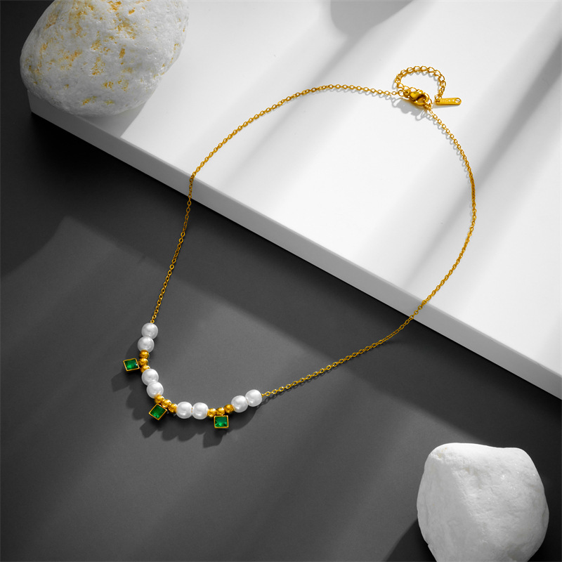 Fashion Square Titanium Steel Pearl Plating Inlay Zircon Necklace 1 Piece