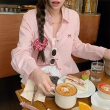 温柔风粉色蝴蝶结刺绣polo领衬衫女春季2025新款宽松休闲长袖上衣