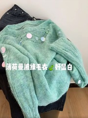 自留款推荐~多巴胺绿色镂空亮片针织衫女秋季新款感软糯毛衣