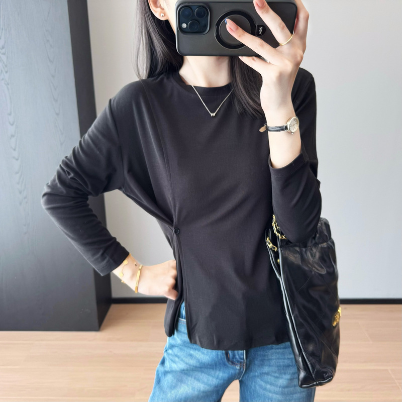 显瘦果冻T~设计师款科技玻尿酸设计感开叉侧腰纽扣T恤女秋G091827|undefined