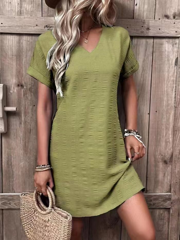 210g Weight Knee-Length Dress Length Type Short Sleeve Sleeve Length Regular Dress Dresses Type Regular Sleeve Sleeve Type Spandex, Polyester Fabric Type Mid Waist Waist Line Daily Occasion V Neck Neckline Regular Fit Fit Type Solid Color Pattern Summer, Spring Season Women's Gender Casual, Elegant Style Wholesale Women's Casual Elegant Solid Color Daily V Neck Short Sleeve Regular Dress 16