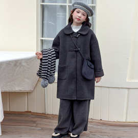 儿童呢子大衣秋冬2025新款韩系穿搭女大童中长款夹棉牛角扣外套