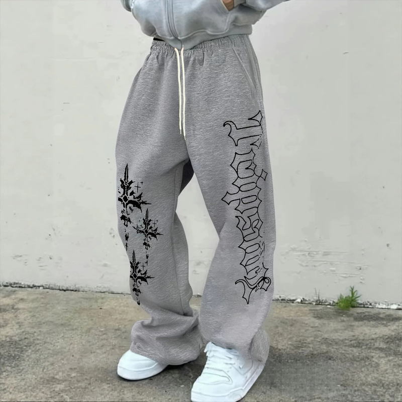 Spring and Autumn New Y2K Dark Gothic Print Loose Slimming Unisex Drawstring Sports Pants Wide-Leg Sweatpants