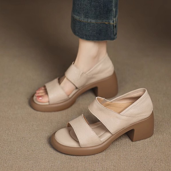 2025 New Style 6cm Super Soft Genuine Leather Soft Sole One-Line Fish Mouth Sandals for Women Summer Outer Wear Two-Wear High-Heeled Roman Shoes