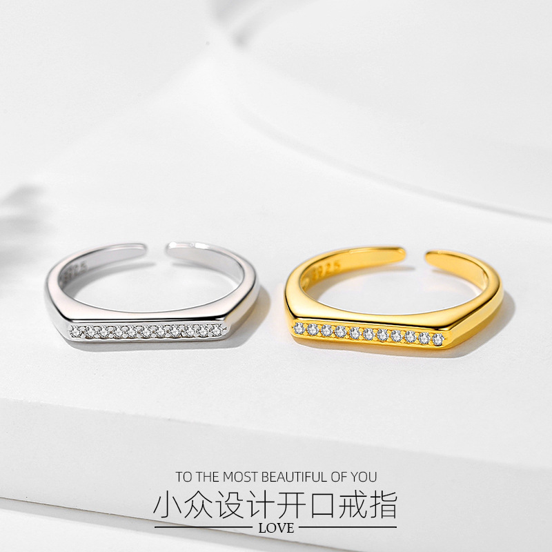 S925 plata esterlina diamante cuadrado anillo de las mujeres ins estilo diseño abierto anillo de dedo índice estilo simple estilo japonés y coreano