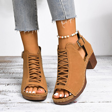 跨境2025夏季新款欧美时尚大码粗跟女凉鞋外贸鱼嘴搭扣高跟凉鞋女