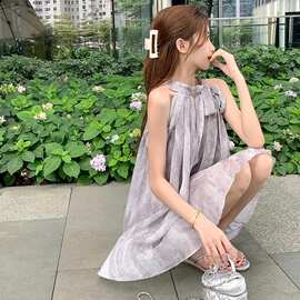 新品亚马逊欧美无袖挂脖连衣裙女新中式水墨晕染宽松气质网纱短裙