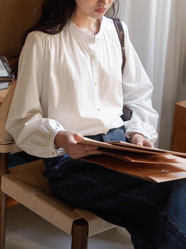 solighte 法式复古立领灯笼袖提花拼接衬衫女秋季|undefined