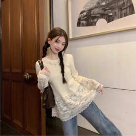 跨境蕾丝花边领针织打底衫2024新款T恤女甜酷风穿搭潮直播拼夕夕