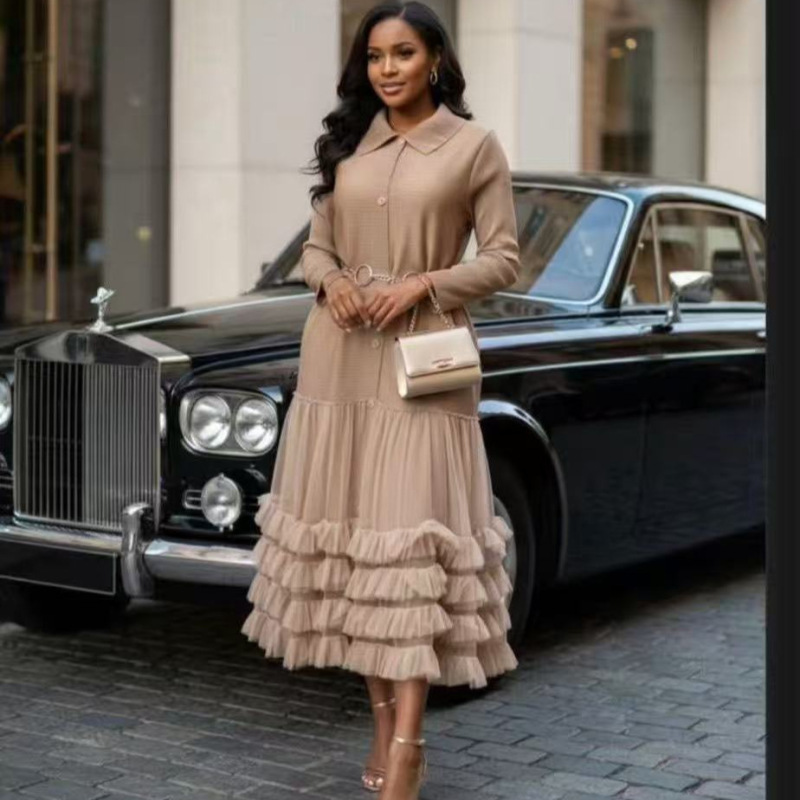 Miyaky25 New Model Pleated Buttoned High-End Patchwork Mesh Long-Sleeve Puffy Cake Dress Miyaky25 New Model Pleated Buttoned High-End Patchwork Mesh Long-Sleeve Puffy Cake Dress