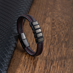 Wholesale Leather Accessory Handmade Woven Bracelet European and American New Style Fashion Men's Leather Bracelet Retro Stainless Steel Bracelet
