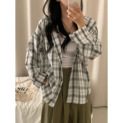秋季韩版百搭格子连帽衬衫外套宽松慵懒风女休闲防晒格纹长袖衬衣