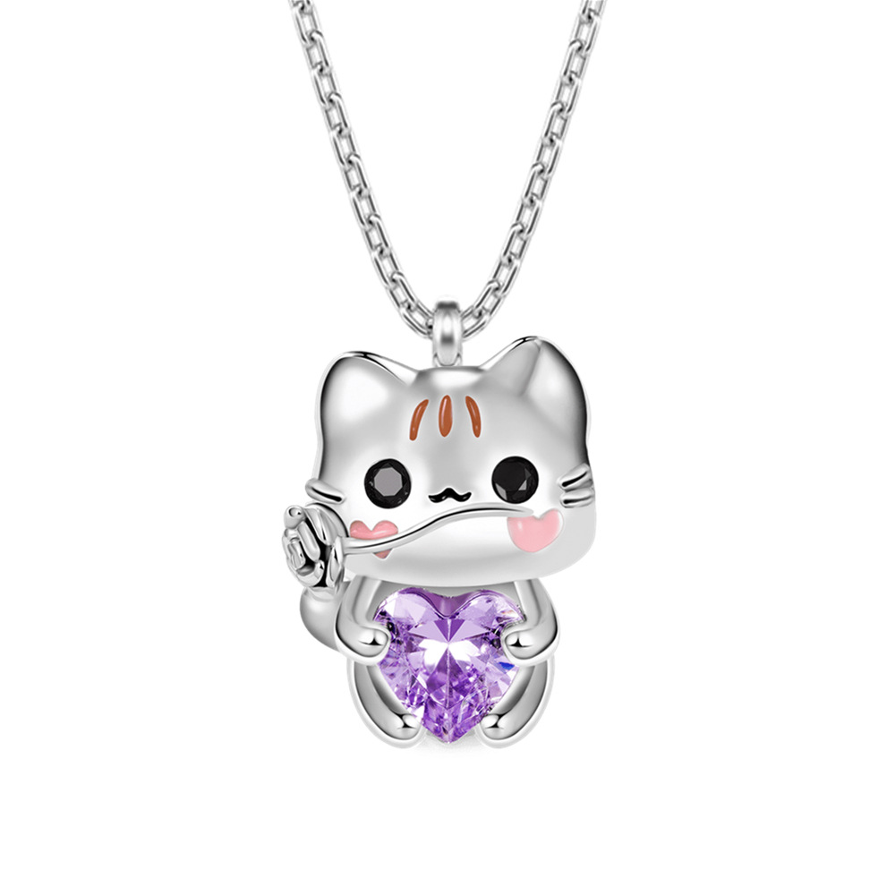 Casual, Daily Occasion Cute Heart Shape Cat Rose Zircon Alloy Cable Chain Pendant Necklaces Wholesale