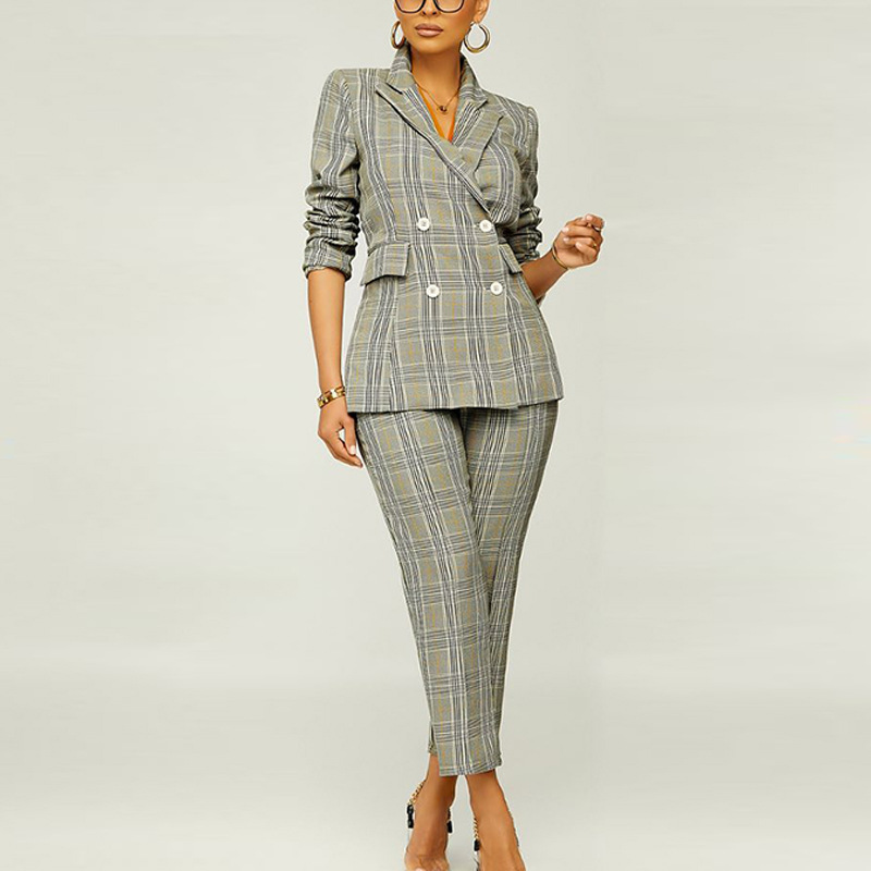 slim-fit long sleeve high waist lapel plaid suit and pant set NSJZC139610