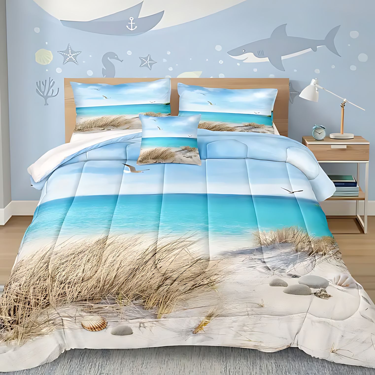 TEMU / JIT transfronterizo ocio vista al mar impresión digital 180gms suave y cómodo edredón conjunto de ropa de cama