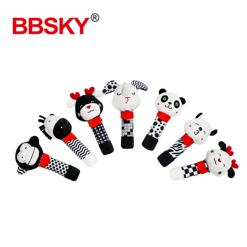 Cute baby cartoon animal black and white deer panda cow hand-shaking stick toy baby handbell wholesale
