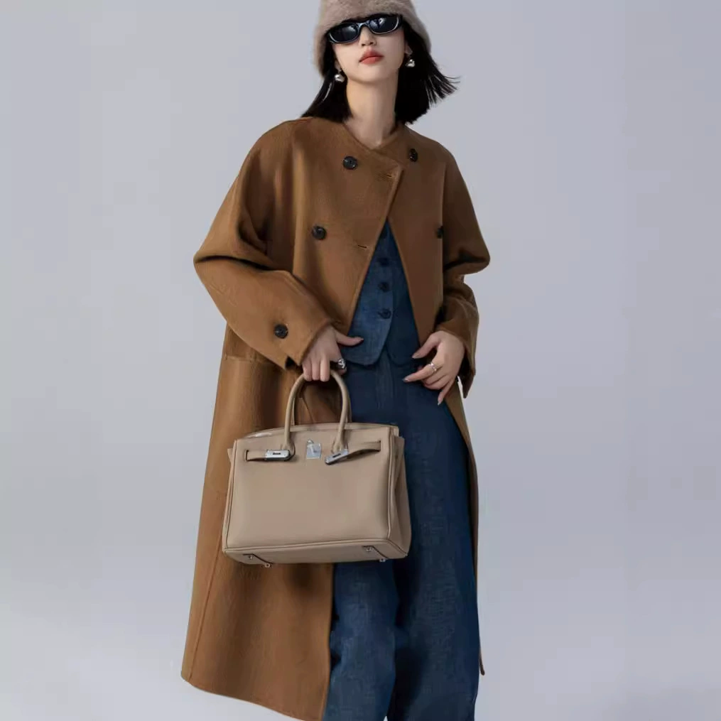 Верблюжье бархатное пальто женский свободный круглый воротник плюс толстый и длинный верблюжий повседневный двухсторонний 2024 новый матовый пальто