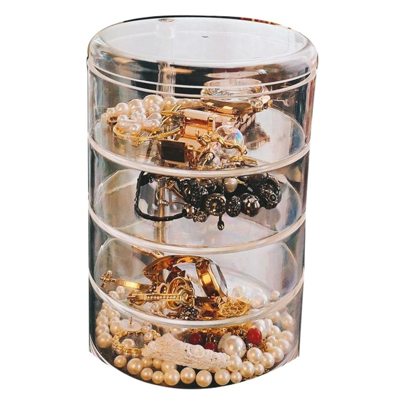 Caja de almacenamiento de joyas transfronteriza, organizador de maquillaje giratorio transparente de varias capas a prueba de polvo para escritorio