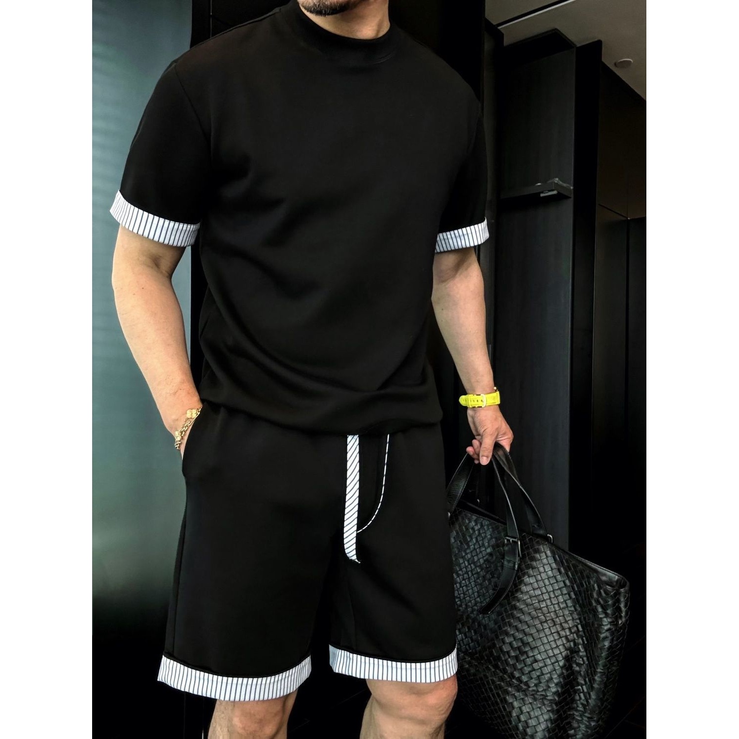 Men's Summer Casual Fashion Simple Short-Sleeved Shorts Suit New Trendy Contrasting Color Striped Short-Sleeved Versatile Suit Cotton