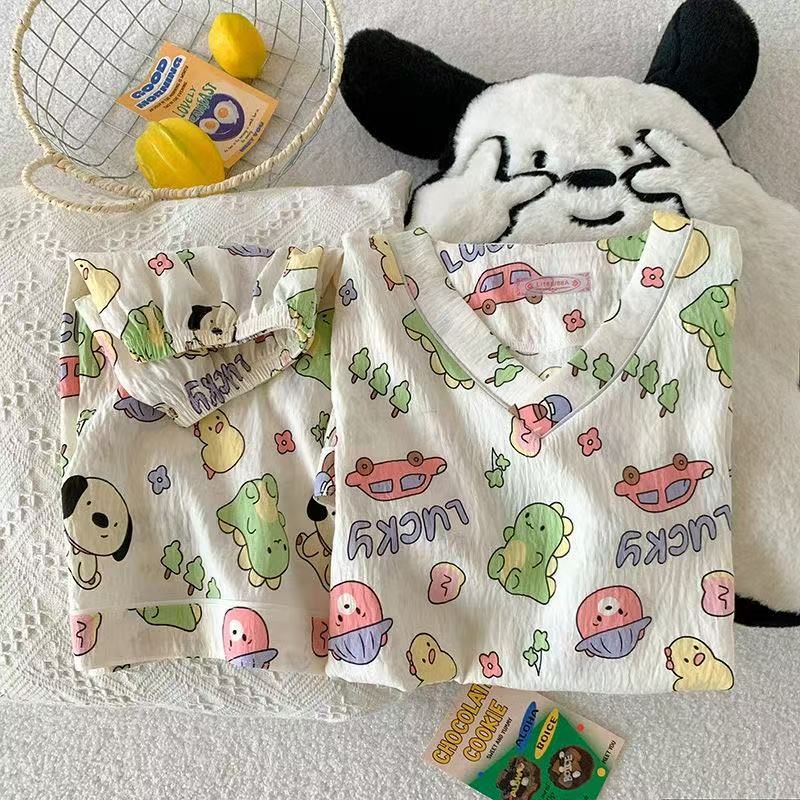 Vietnam transfronterizo al por mayor verano nuevo pijama de algodón con nube con cuello en V pantalones cortos de manga corta para mujer traje de servicio a domicilio para estudiantes de dibujos animados