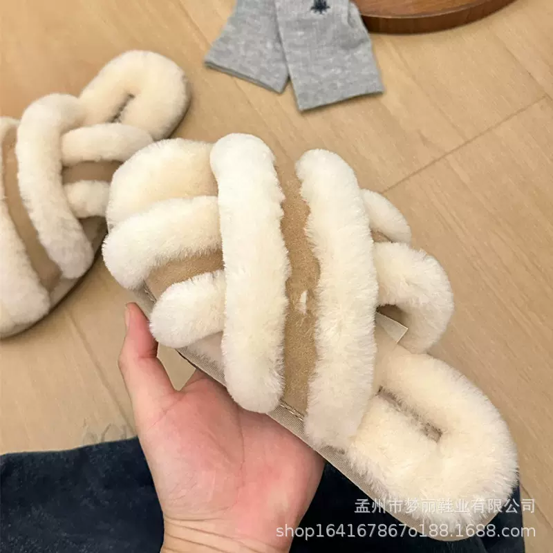 毛毛托皮毛一体居家棉拖一脚蹬交叉拖室内拖鞋