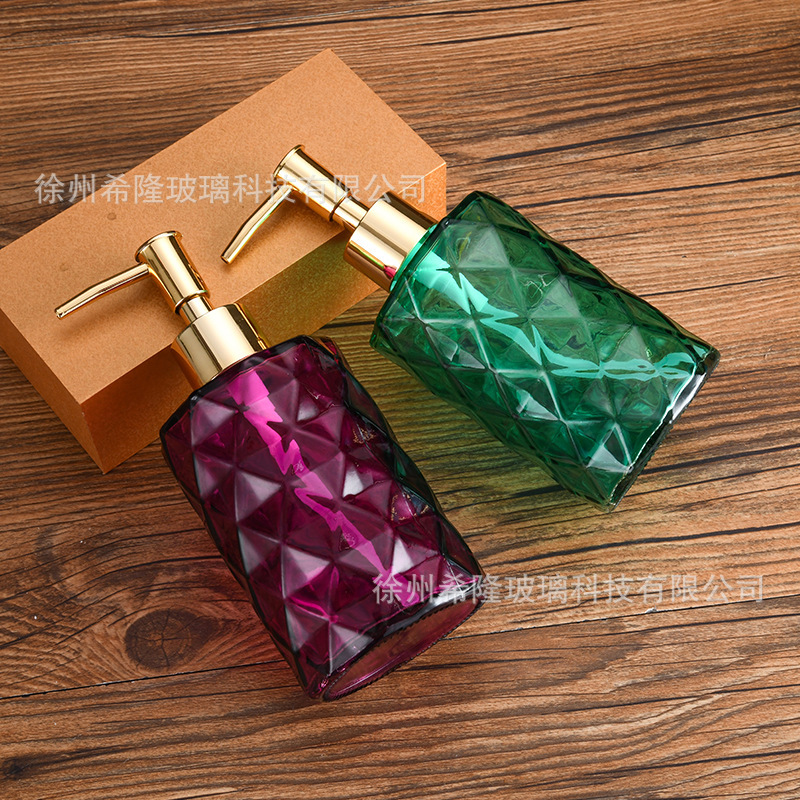 Fabricante al por mayor de botellas de vidrio transparente de 350 ml, botella de vidrio para loción, gel de ducha, botella de desinfectante de manos con forma de diamante, creativa