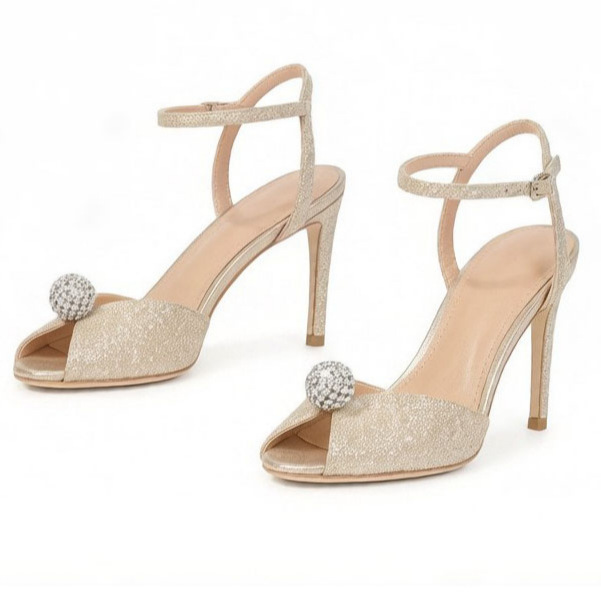 Bridal Wedding Shoes in Champagne Gold, One-Strap Sandals with Crystal Ball Embellishments, Thin Heels, Peep-Toe Design, Plus-Size Model Bridal Wedding Shoes in Champagne Gold, One-Strap Sandals with Crystal Ball Embellishments, Thin Heels, Peep-Toe Design, Plus-Size Model