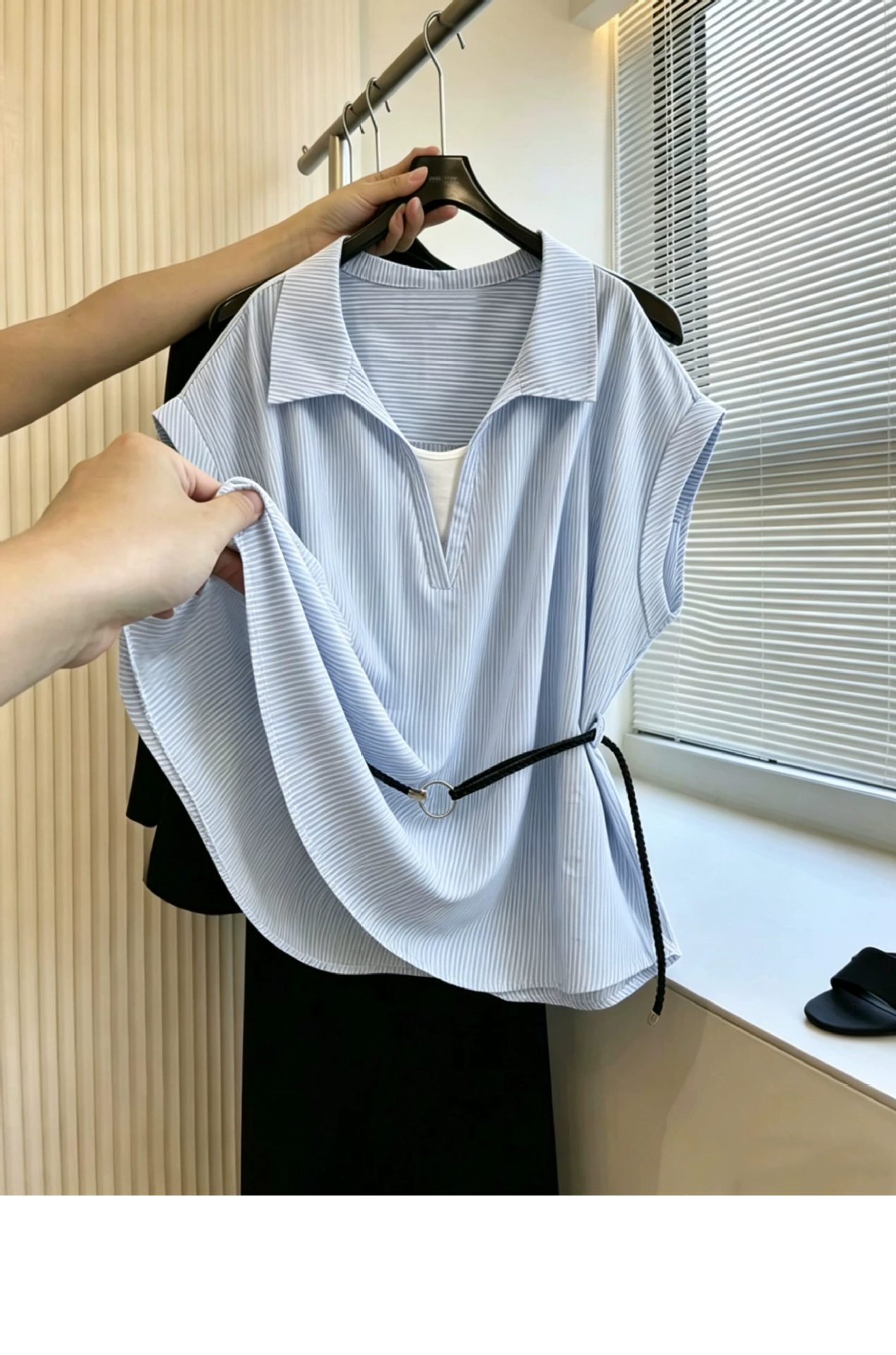 Áo thun nữ tay ngắn sọc kẻ eo phối hai lớp phong cách Hàn Quốc — xanh lam chi tiết 3