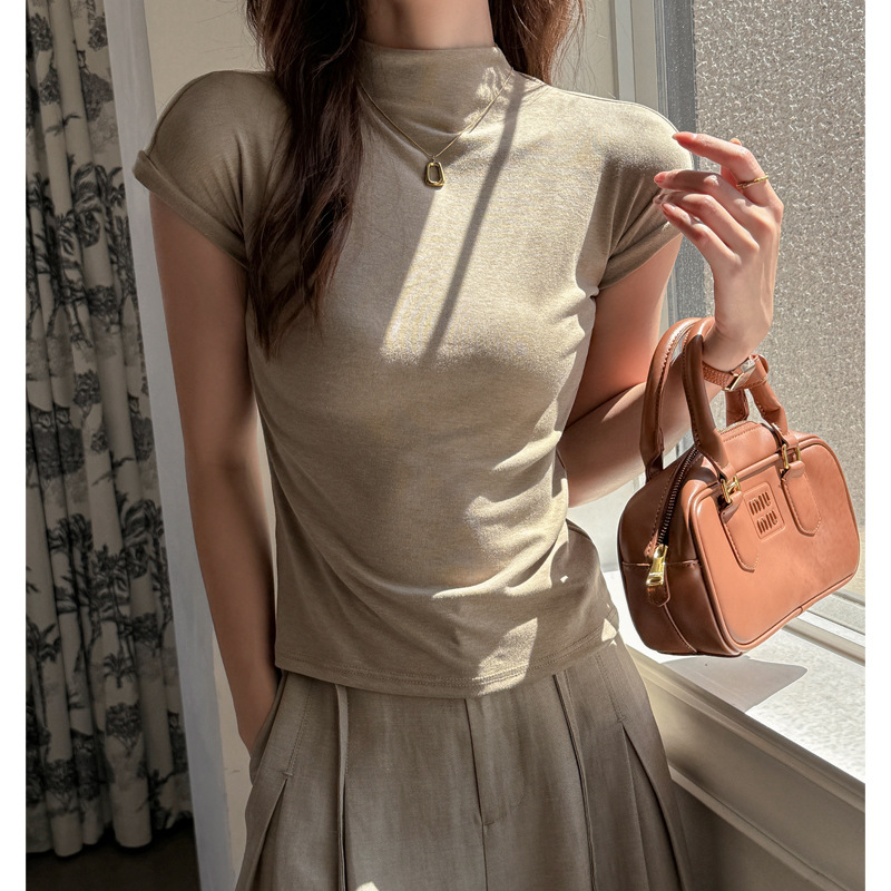 Early Autum Lyocell Tencel Half Turtleneck Right Shoulder Short-Sleeved T-Shirt for Women with High-End Slimming Look Bottoming Shirt