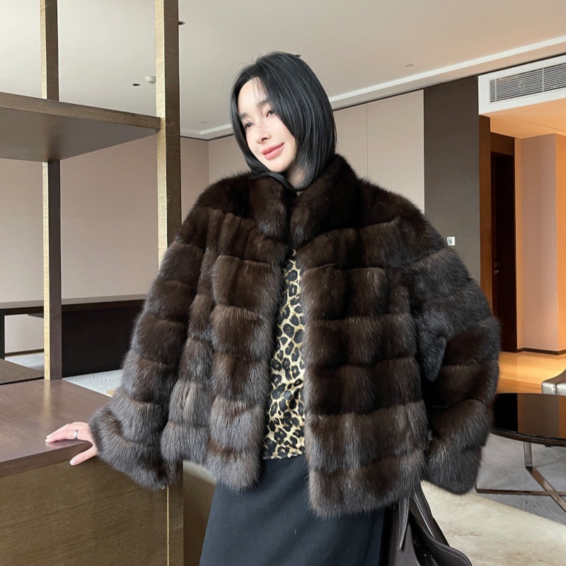 俄罗斯紫貂环保皮草大衣貂皮短款外套女立领农夫黑金色2025新款