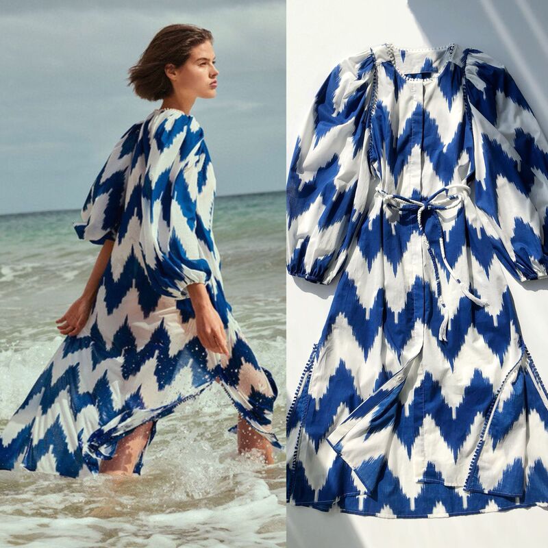 German Luxury Brand Ds Refreshing Blue and White Color Scheme Beach Print Beaded Lace Mid-Length Round Neck Dress