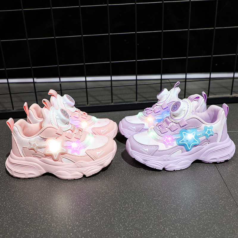 Girls' luminous shoes 2023 new button shoes children's spring and autumn girls' sneaker solid bottom Princess daddy shoes