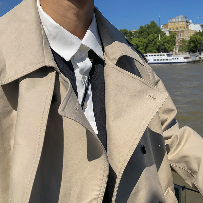 Otoño e invierno de los hombres de Hong Kong estilo de moda marca de doble botonadura de media longitud gabardina guapo sobre la rodilla de los hombres capa de abrigo suelto abrigo