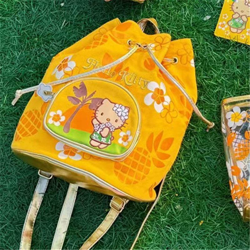 Hello Kitty American Retro Backpack Hawaii Large Capacity Drawstring Backpack Versatile Casual Bucket Bag