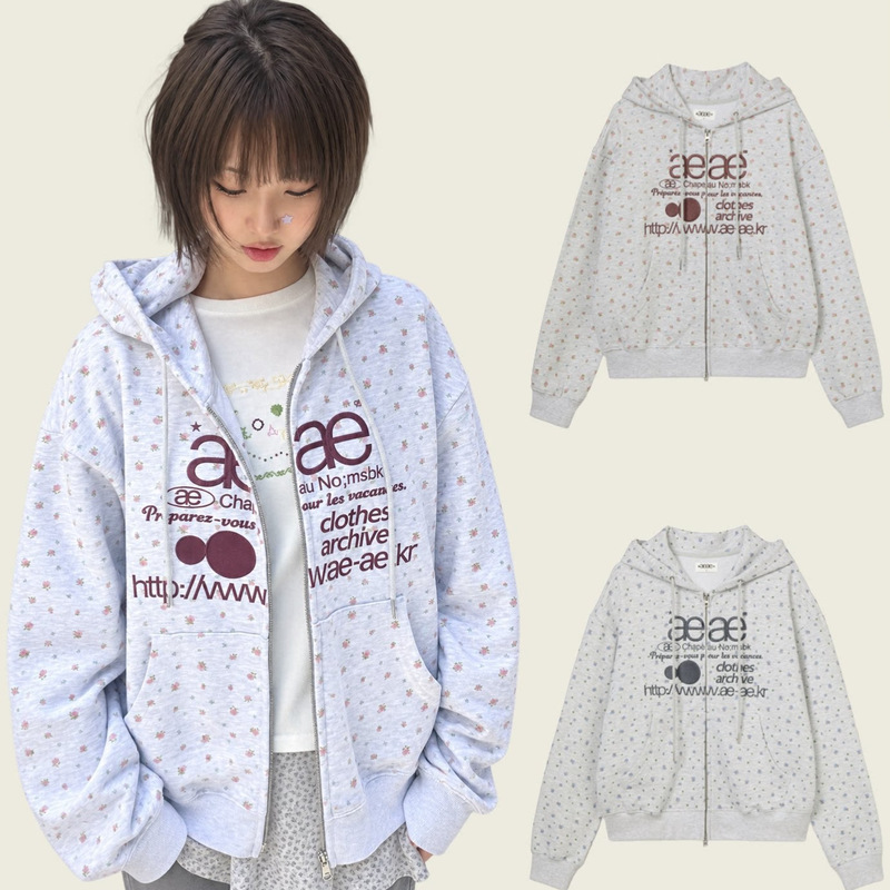 In-Stock Korean Niche Fashion Brand Aeae Floral Embroidered Zip-Up Hooded Sweatshirt Loose Cardigan Hoodie Jacket