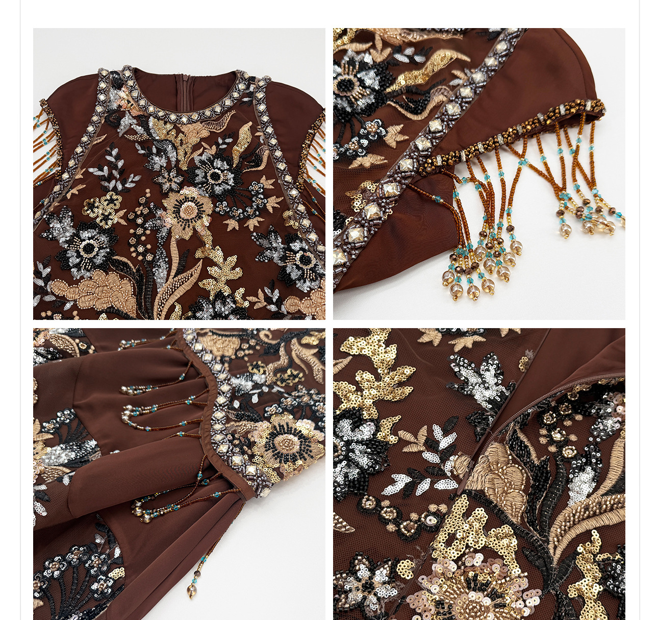 Đầm maxi nữ thắt eo phong cách Tân Trung Hoa, cổ tròn, đính cườm thêu ren, thiết kế vintage — Màu cà phê chi tiết 13