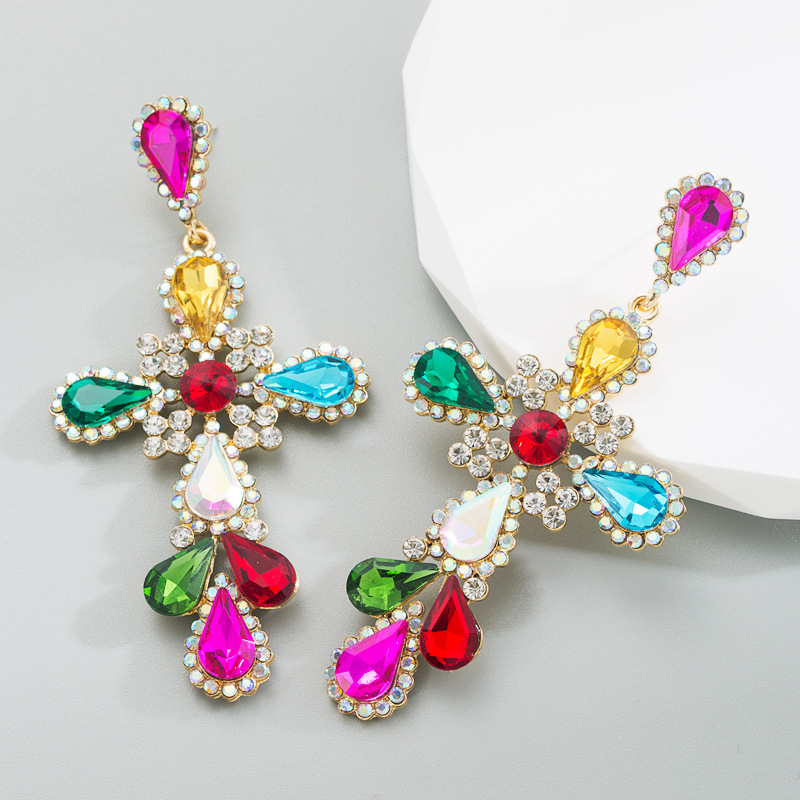 Mode Croix Alliage Inlay Strass Boucles D'oreilles display picture 4