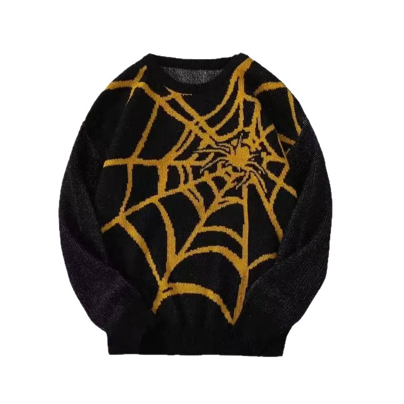 Mode Herren Herbst Neuer Rundhalspullover Amerikanisches Spinnennetzmuster Jacquard Gestricktes Basishemd_voghion.com